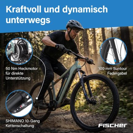 Fischer E-Bike MTB Montis 2.2 Active Elektrofahrrad für Damen und Herren, RH 43, Heckmotor 50 Nm, 48 V Akku
