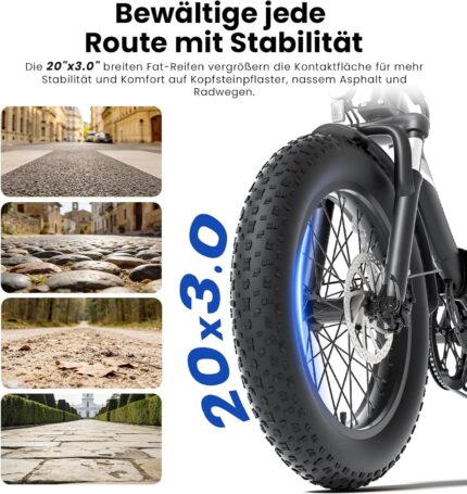 Touroll S3 Pro E-Bike Klapprad mit 1296Wh Akku, 65km-195km Reichweite, 20''x3.0'' Fat Tire Elektrofahrrad Herren Damen, 250W Motor, 50Nm Drehmoment, Ebike mit Gepäckträger, StVZO Konfor